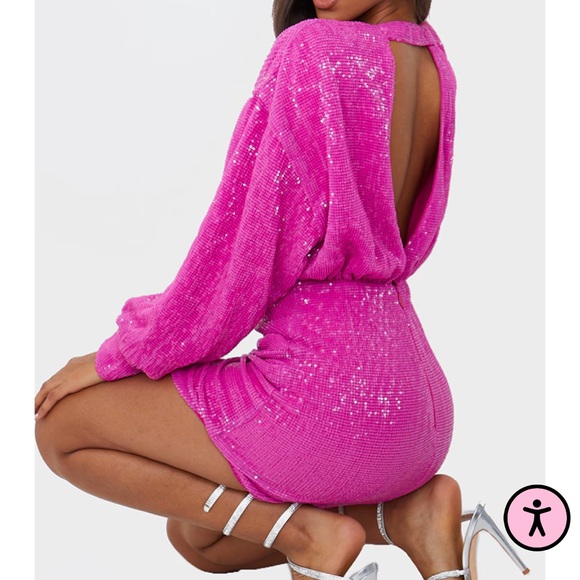 NWT Pretty Little Thing Hot Pink Sequin Open Back Balloon Sleeve Midi Dress - Picture 2 of 5